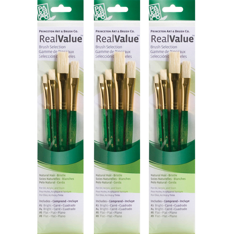 RealValue Brush Set, Natural Bristles, Short Handle Mixed Media Paintbrush, Green, 4 Per Set, 3 Sets