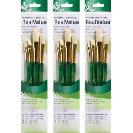 RealValue Brush Set, Natural Bristles, Short Handle Mixed Media Paintbrush, Green, 4 Per Set, 3 Sets