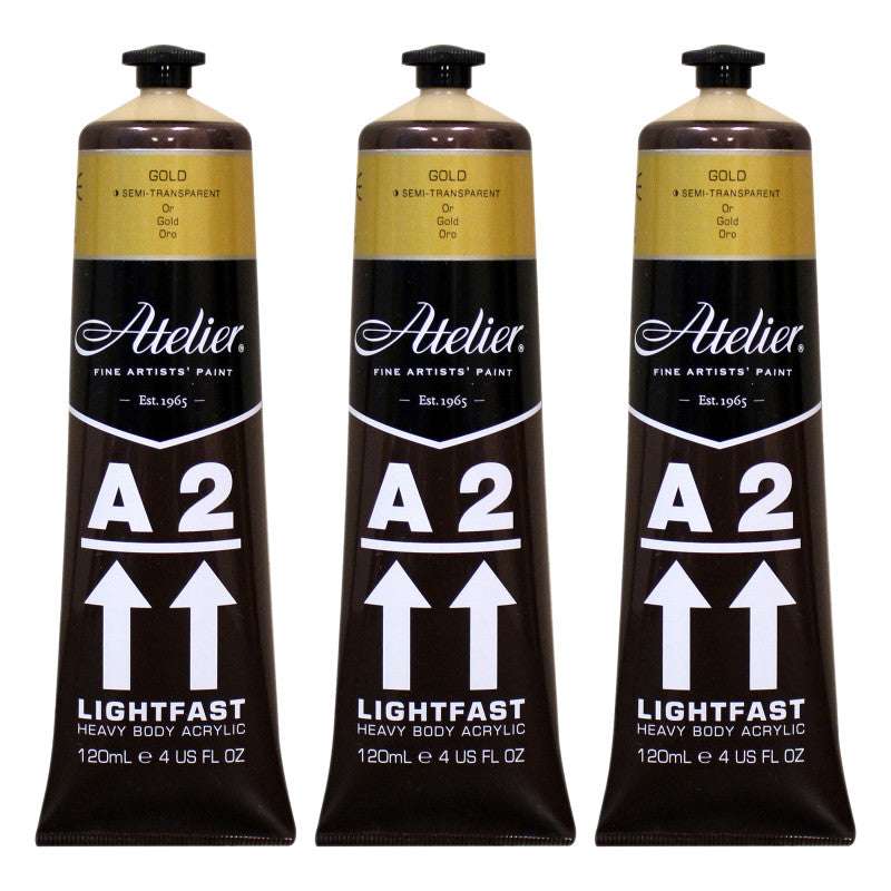 A2 Heavy Body Lightfast Artist Acrylic, 4 oz., Gold, Pack of 3