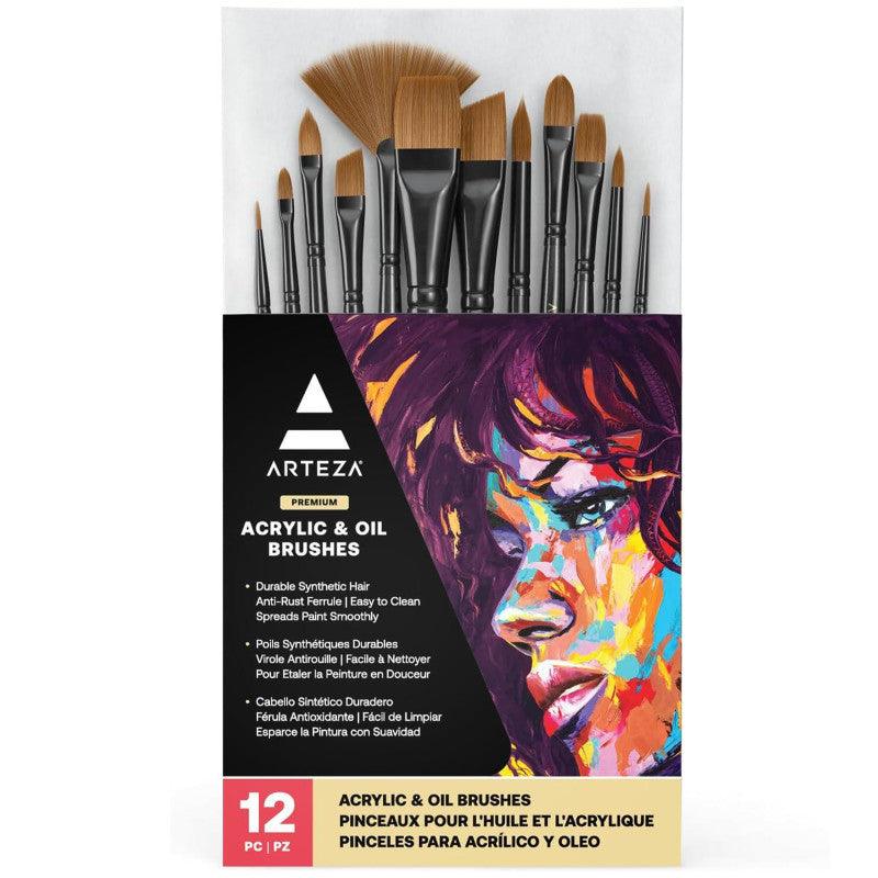 Acrylic and Oil Paint Brush Set with 12 Assorted Brush Shapes and Sizes