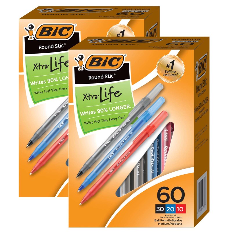Round Stic&reg; Xtra Life Ballpoint Pen, Medium Point (1.0mm), Assorted, 60 Per Box, 2 Boxes