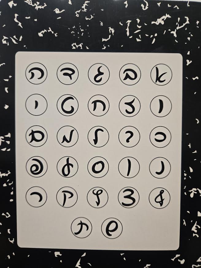Sheet with various symbols on a textured black background