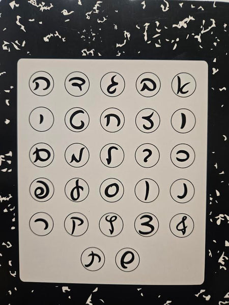 Sheet with various symbols on a textured black background