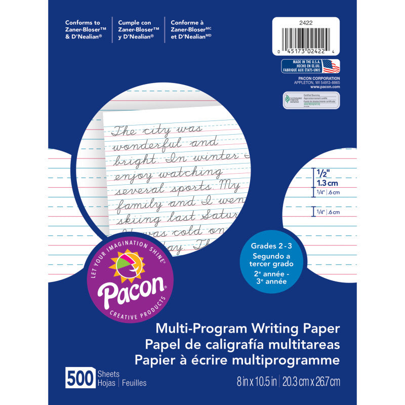 Multi-Program Handwriting Paper, 1/2" Ruled (Short Way), White, 10-1/2" x 8", 500 Sheets