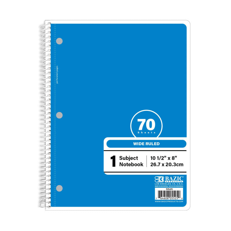 1-Subject Spiral Notebook, Wide Ruled, 70 Count, Blue