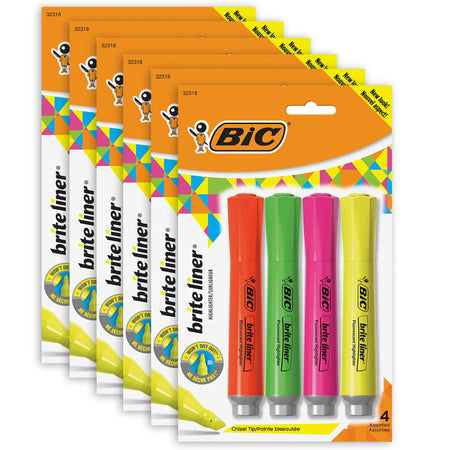 Brite Liner&reg; Grip Tank Highlighter, Chisel Tip, Assorted Colors, 4 Per Pack, 6 Packs