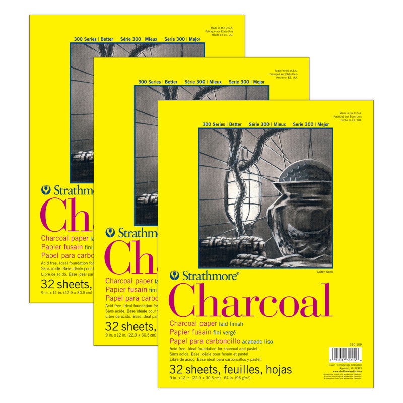 300 Series Charcoal Pad, Glue Binding, 32 Sheet, 9x12 inch, Pack of 3
