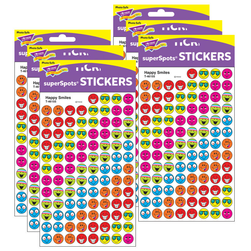 Happy Smiles superSpots&reg; Stickers, 800 Per Pack, 6 Packs