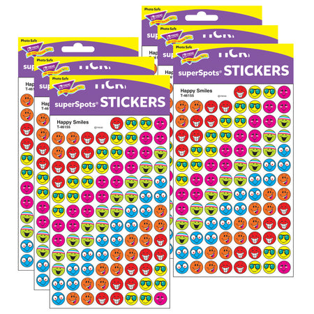 Happy Smiles superSpots&reg; Stickers, 800 Per Pack, 6 Packs