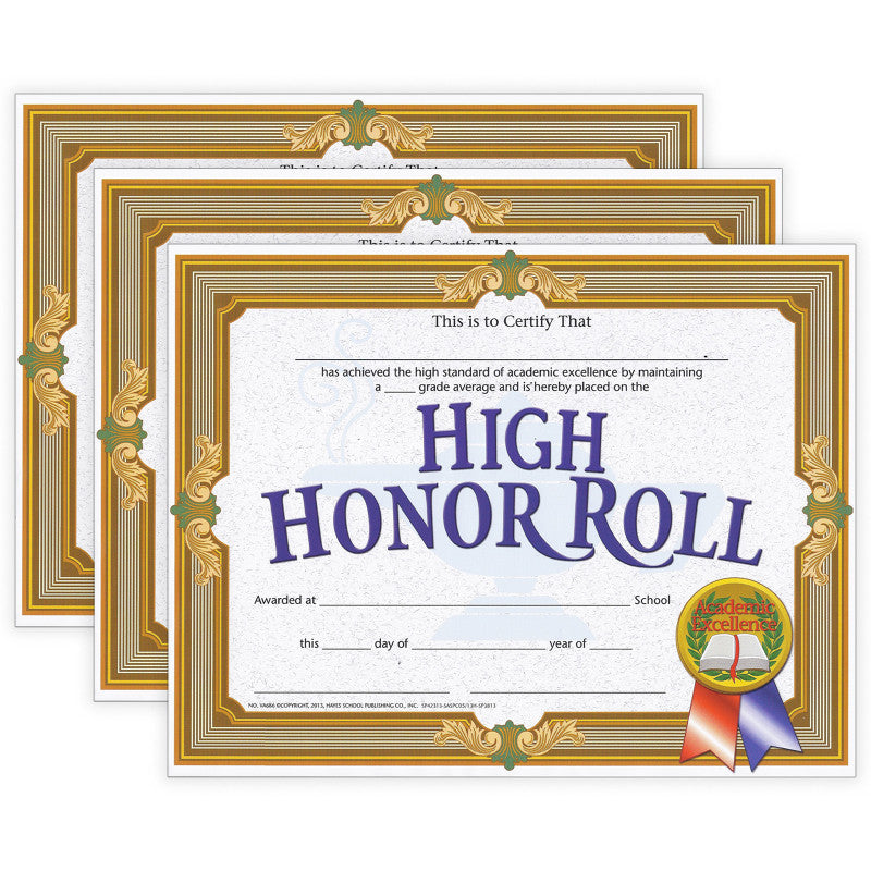 High Honor Roll Certificate, 8.5" x 11", 30 Per Pack, 3 Packs