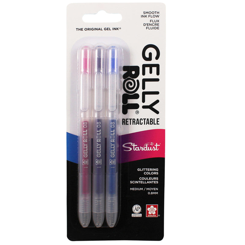 Retractable Stardust Gel Pens, 08 Medium Point, Assorted Colors, 3-Pack, Blister Card