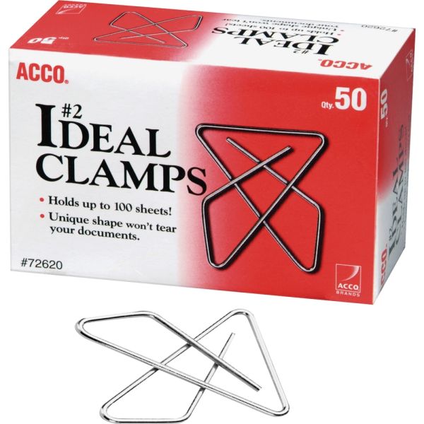 Ideal Clamps Butterfly Paperclips, No. 2,  Silver - 50/Box, (9002)