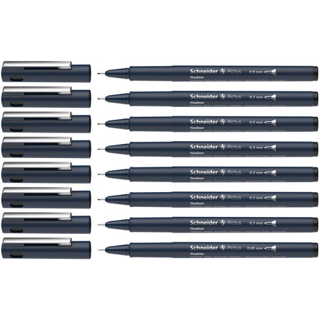 Pictus Fineliners, Wallet, 8 Pieces, Black Ink, Assorted Sizes