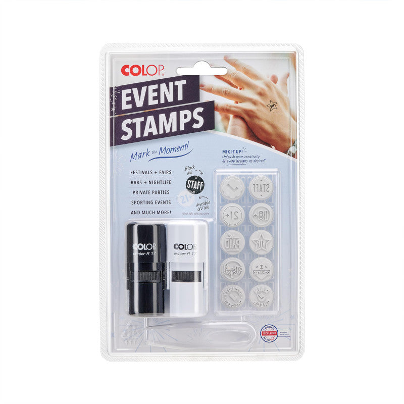 Self-Inking Event Hand Stamp Set with UV Ink, 10 Interchangeable Designs, 2 Stamps