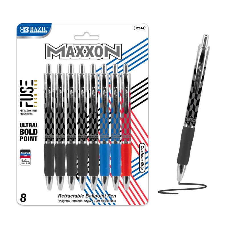 Maxxon Retractable Pens, 1.4 mm Bold Tip, Assorted Ink Colors, 8-Count