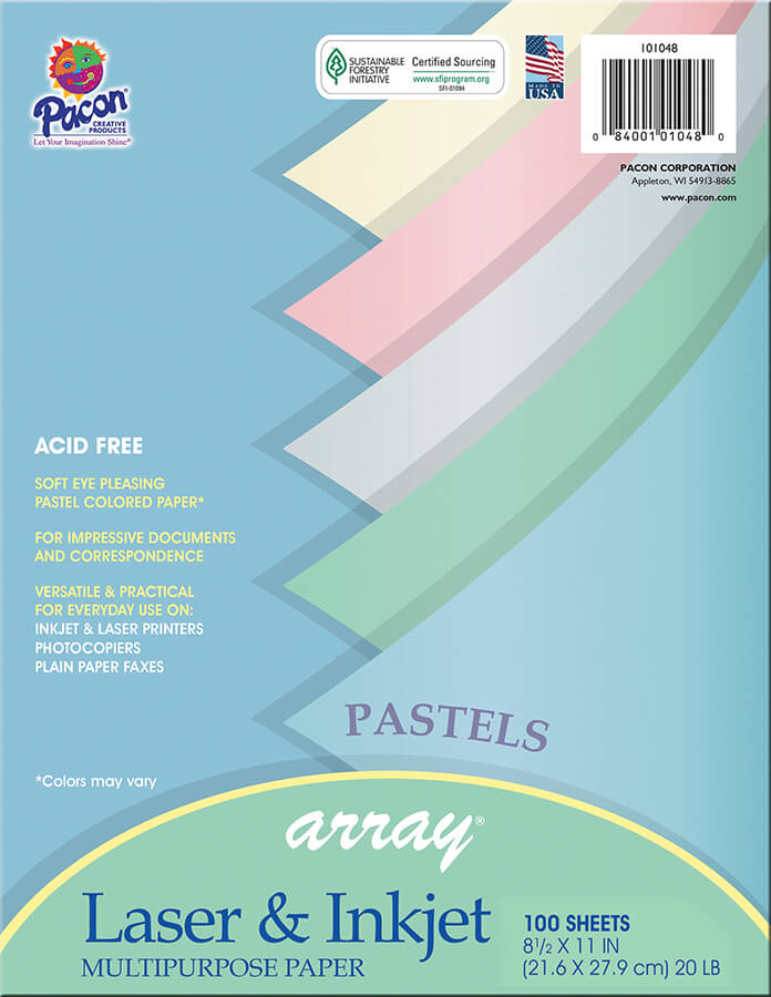 ARRAY® MULTI-PURPOSE PAPER 8-1/2" X 11" PASTEL COLORS 100CT 5 ASSORTED COLORS 8-1/2" X 11", DIXP101048