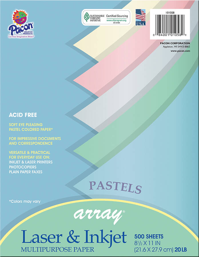 ARRAY® MULTI-PURPOSE PAPER PASTEL 500CT 8-1/2" X 11" 5 ASSORTED COLORS, 20 LB., 500 SHEETS 101058