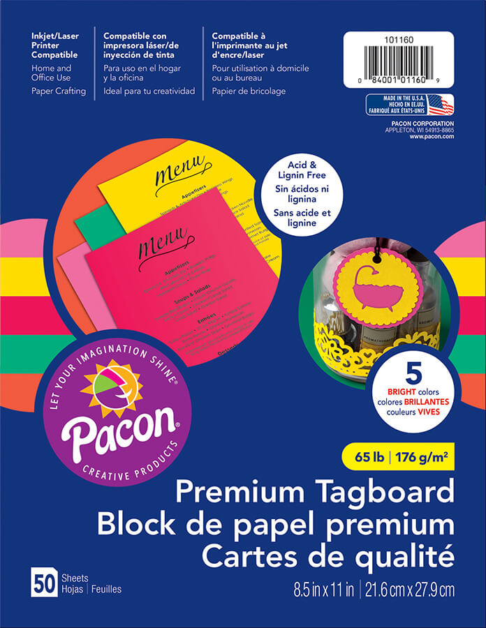 PACON® PREMIUM TAGBOARD 8-1/2" X 11" ASSORTED BRIGHT COLORS 50 SHEETS, 101160