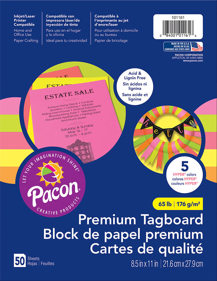 PACON® PREMIUM TAGBOARD 8-1/2" X 11" ASSORTED HYPER COLORS 50 SHEETS, 101161