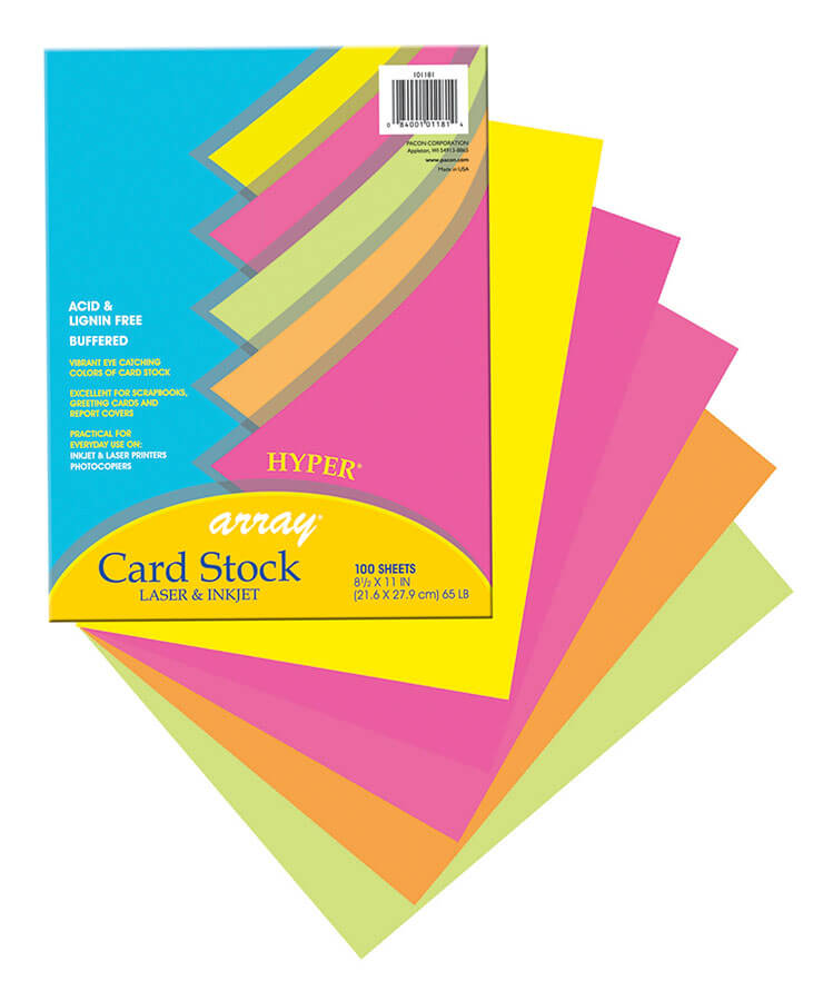 Array® HYPER CARD STOCK 8-1/2" X 11" 5 COLORS 100 SHEETS. 101181