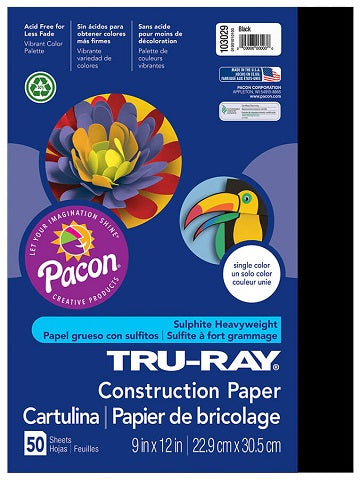 Pacon Tru-Ray Construction Paper 9" x 12" 50 Sheets Per Pack Black