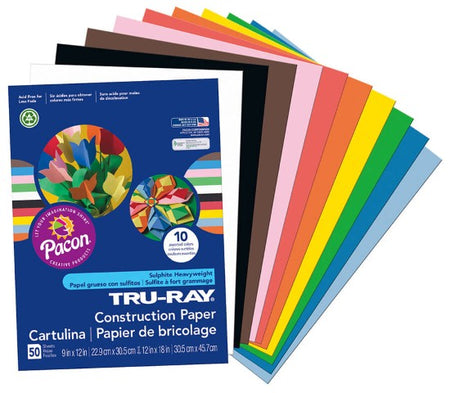 Pacon Tru-Ray Construction Paper, 9-Inches by 12-Inches, 50-Count, Assorted, 103031