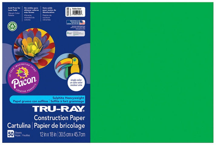 Pacon Tru-Ray Construction Paper 12" x 18" 50 Sheets Per Pack Festive Green