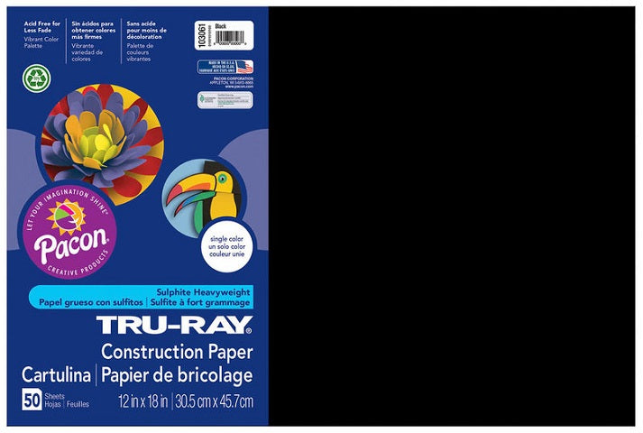 Pacon Tru-Ray Construction Paper 12" x 18" 50 Sheets Per Pack Black