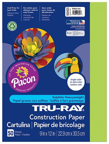 Pacon Tru-Ray Construction Paper, 9-Inches by 12-Inches, 50-Count, Brilliant Lime, 103423