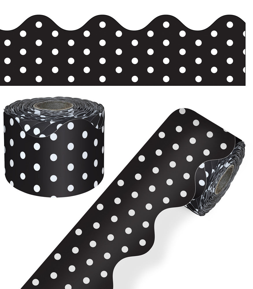 Rolled Scalloped Borders, 2-1/4" Wide x 65 feet roll - Black with White Polka Dots (CD-108474)