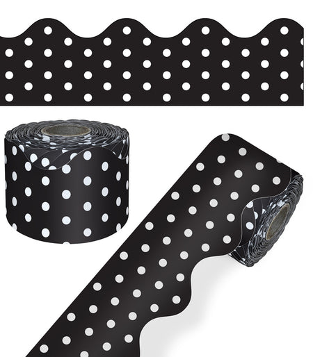 Rolled Scalloped Borders, 2-1/4" Wide x 65 feet roll - Black with White Polka Dots (CD-108474)