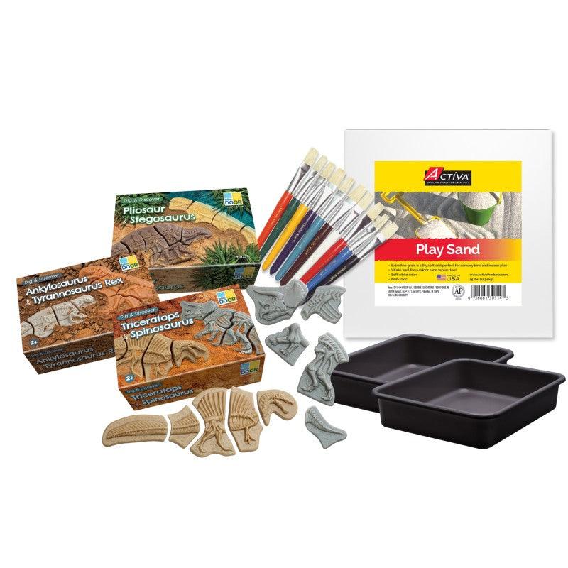 Dino Dig Party Kit, Dinosaur Excavation Activity Set with Sand, Fossil Puzzles, Trays & Brushes