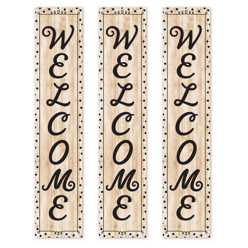 Black, White, and Wood Welcome Banner, 8" x 39", Pack of 3