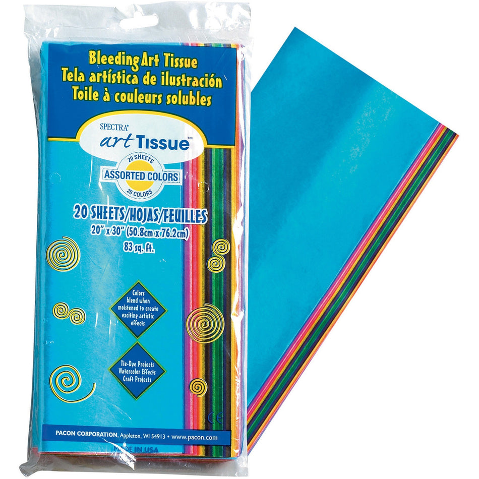 Spectra® Deluxe Bleeding Art Tissue, 20 Assorted Colors, 20" x 30", 20 Sheets, (58506)