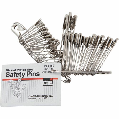 Charles Leonard Safety Pins, Assorted Sizes, 50/Chain-Pack