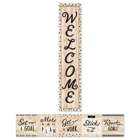Black, White, and Wood Welcome Banner, 8" x 39"