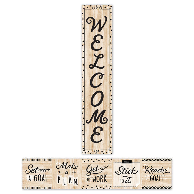 Black, White, and Wood Welcome Banner, 8" x 39"
