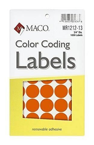 MACO Neon Orange Round Color Coding Labels, 3/4 Inches in Diameter, 1000 Per Box ,MR1212-13