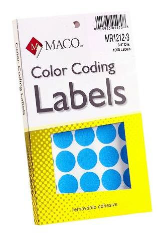 MACO Light Blue Round Color Coding Labels, 3/4 Inches in Diameter, 1000 Per Box ,MR1212-3