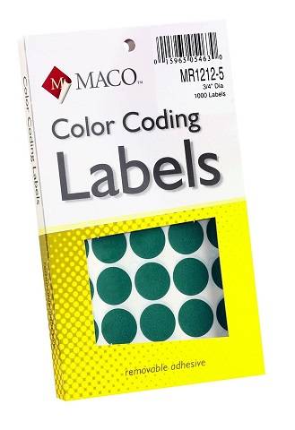 MACO Green Round Color Coding Labels, 3/4 Inches in Diameter, 1000 Per Box, MR1212-5