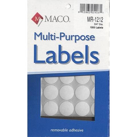 MACO White Round Color Coding Labels, 3/4 Inches in Diameter, 1000 Per Box, MR1212