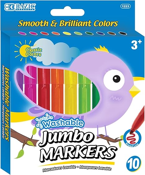 BAZIC 10 Classic Colors Broad Line Jumbo Watercolor Markers (1223-24P)