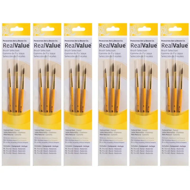 RealValue Round Brush Set, Camel Bristles, Short Handle Mixed Media Paintbrush, Yellow, 3 Per Set, 6 Sets
