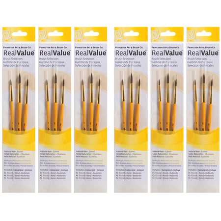 RealValue Round Brush Set, Camel Bristles, Short Handle Mixed Media Paintbrush, Yellow, 3 Per Set, 6 Sets