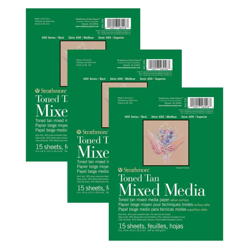 400 Series Mixed Media Pad, Toned Tan, Glue Binding, 15 Sheet, 6x8 inch, Pack of 3