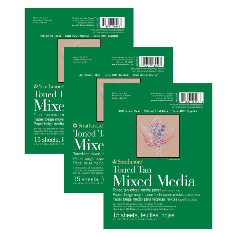 400 Series Mixed Media Pad, Toned Tan, Glue Binding, 15 Sheet, 6x8 inch, Pack of 3