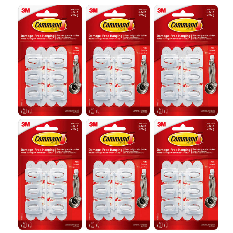 Command&trade; Mini Hooks, White, 6 Per Pack, 6 Packs