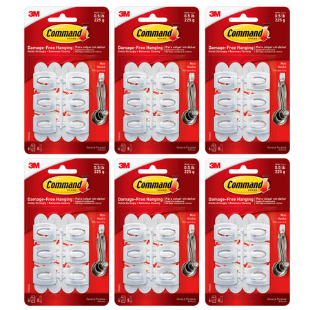 Command&trade; Mini Hooks, White, 6 Per Pack, 6 Packs