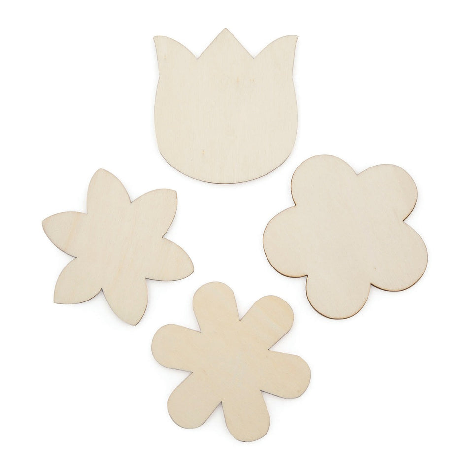 Unfinished Wood Flowers with Magnets , Assorted Designs, 3 1/2" - Pack of 24