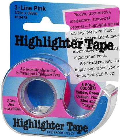 Lee , 1/2-Inch Wide 720-Inch Long Removable Highlighter Tape, Economy Size with Refillable Dispenser, Pink ,13978